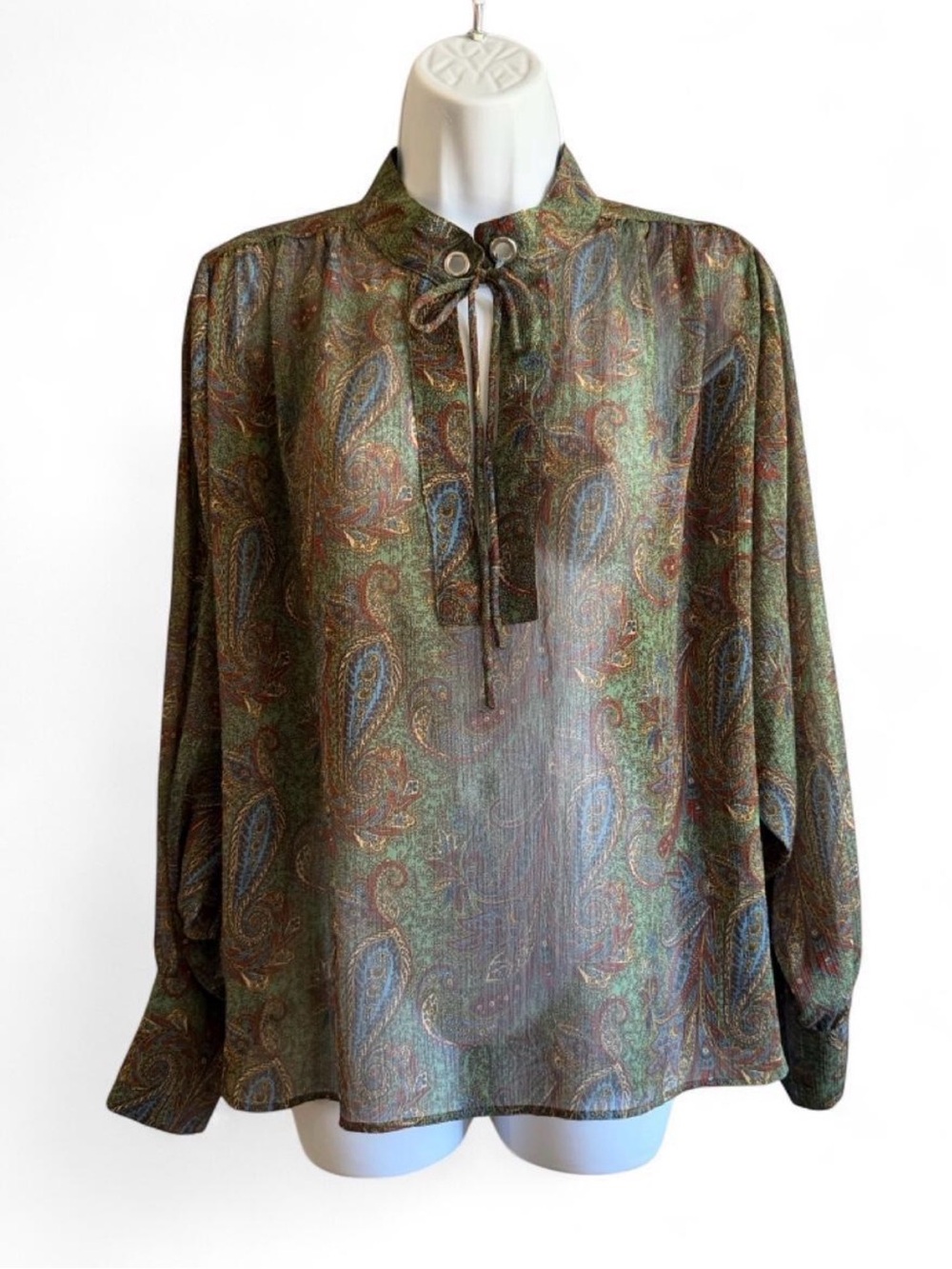 Mango Multicolor Paisley Tie-Neck Blouse in Olive and Blue